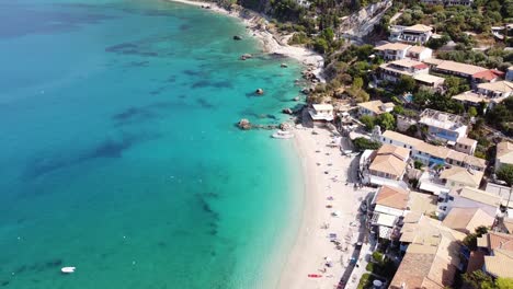 Agios-Nikitas-Beach-at-Lefkada-Island,-Greece---Aerial-Reveal