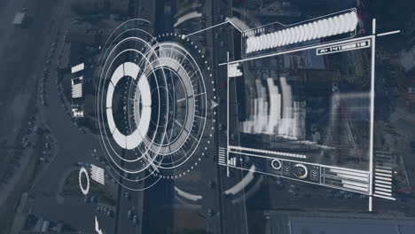 Animation-Eines-Radars-Und-Eines-Balkendiagramms-über-Einer-Luftaufnahme-Einer-Stadtlandschaft-Mit-Fahrenden-Fahrzeugen