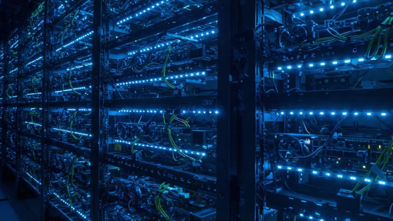 Illuminated Data Center Shelves Filled with High-Performance Computing Equipment, Showcasing Advanced Technology and Efficient Design in a Dark Environment