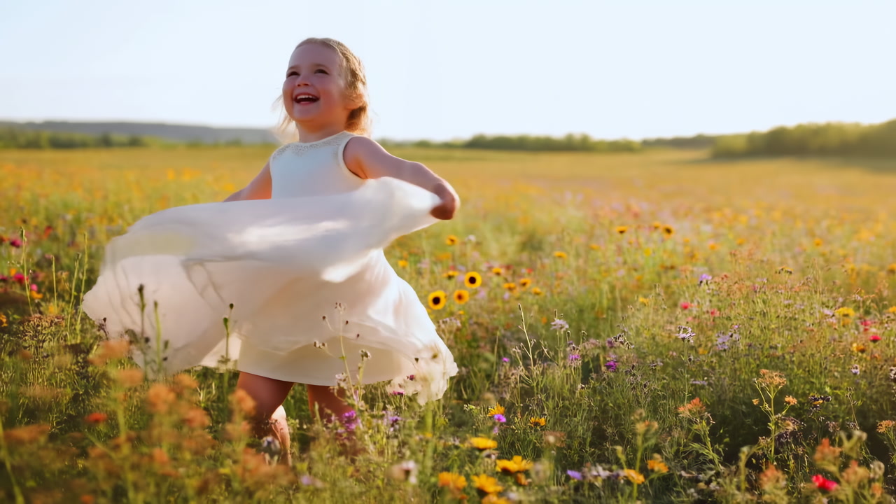 Caucasian Girl Twirling In Wildflower Meadow, White Dress Spinning Under Golden Sunlight, Barefoot On Grass,