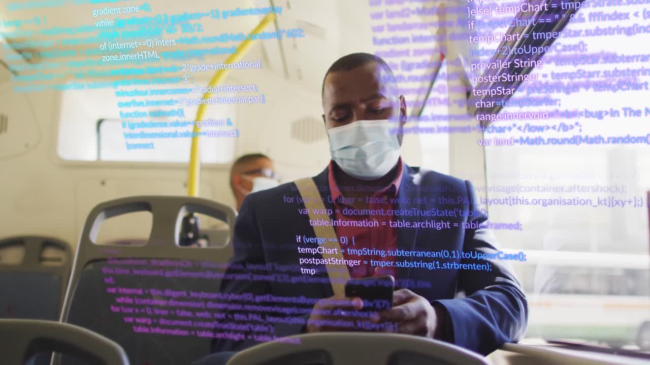 버스에서 스마트폰을 사용하는 아프리카계 미국인 사업가에 대한 데이터 처리 애니메이션