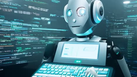 a white robot with blue eyes and headphones in front of a screen with code on it