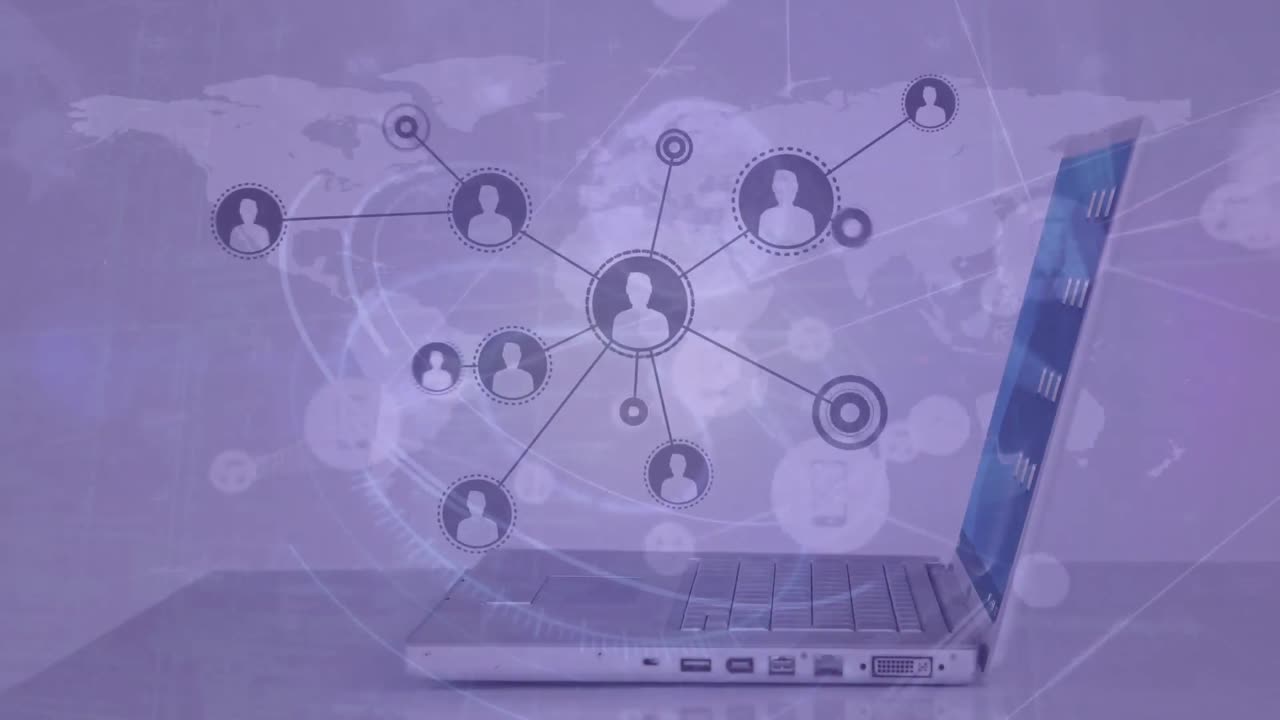 노트북과 오래된 지도를 사용하여 사업가의 중간 섹션에 프로필 아이콘의 네트워크의 애니메이션