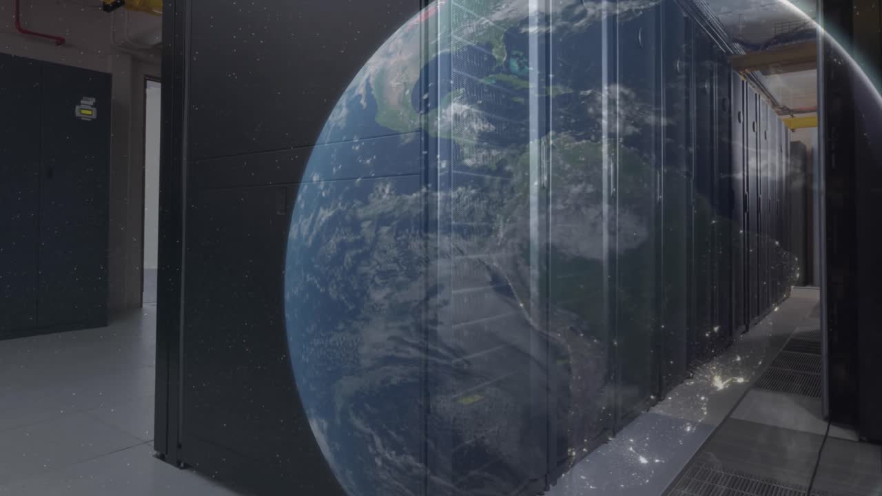 animación de un globo iluminado contra la sala del servidor en el fondo