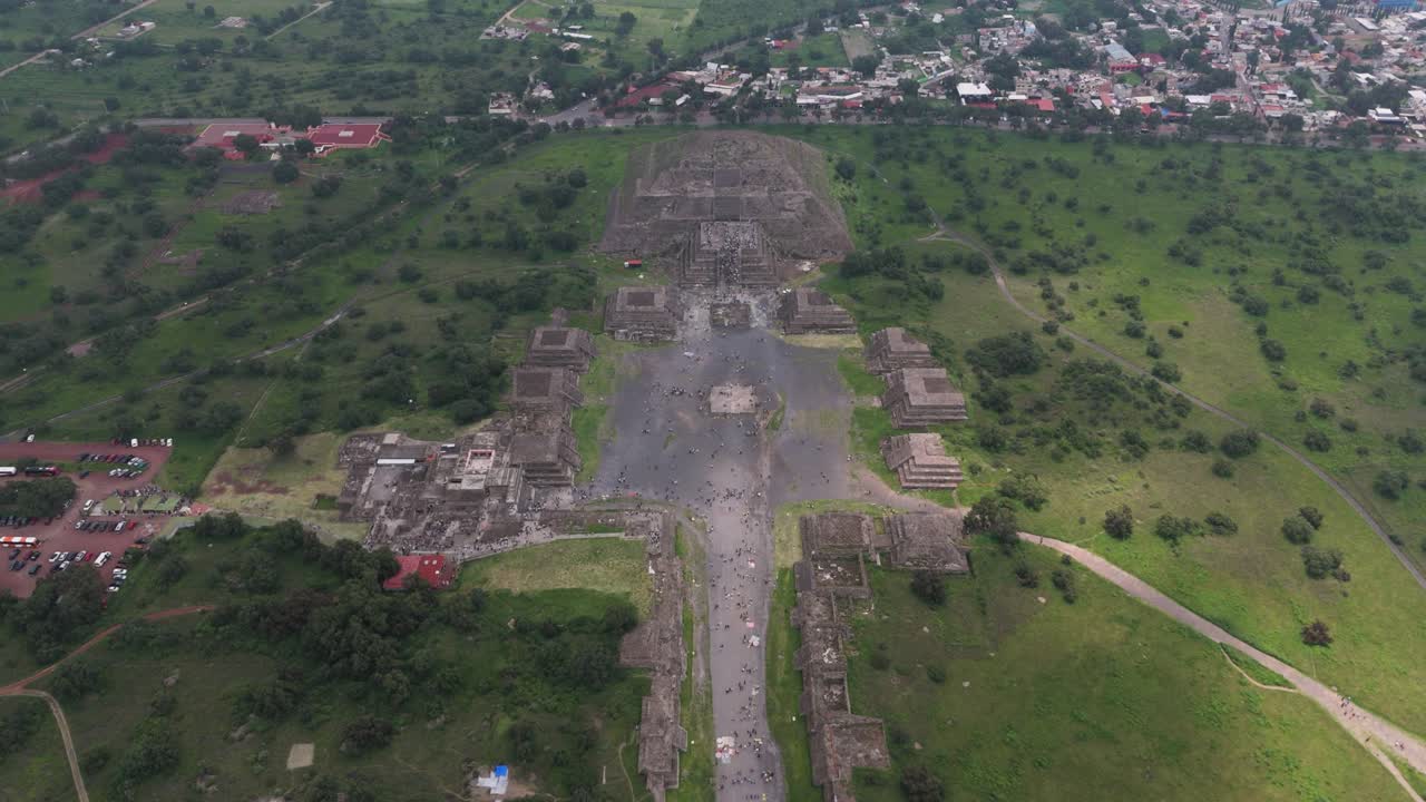 Drone shot of Pyramid of the Moon and Avenue of the Dead, Teotihuacan, Mexico