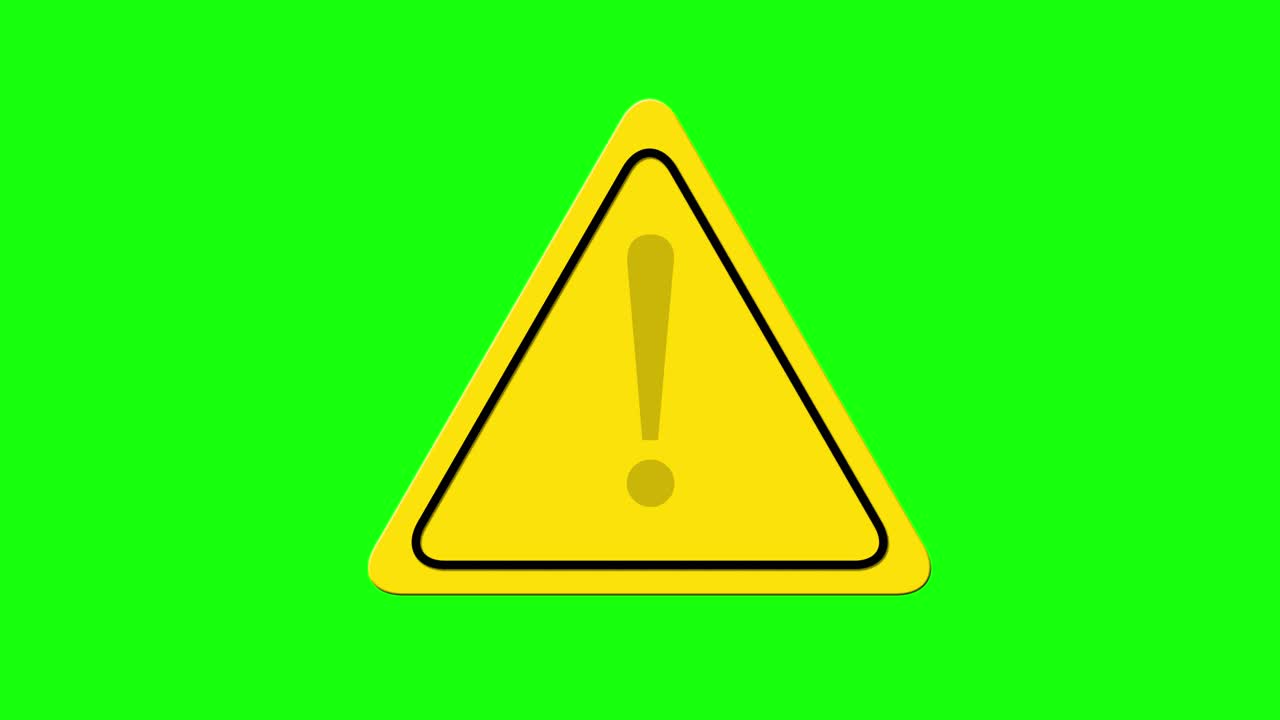 Warning exclamation sign inside a yellow and black triangle on green screen and white background. Motion graphic animation symbol