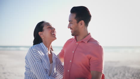 happy couple, face and beach smile on holiday