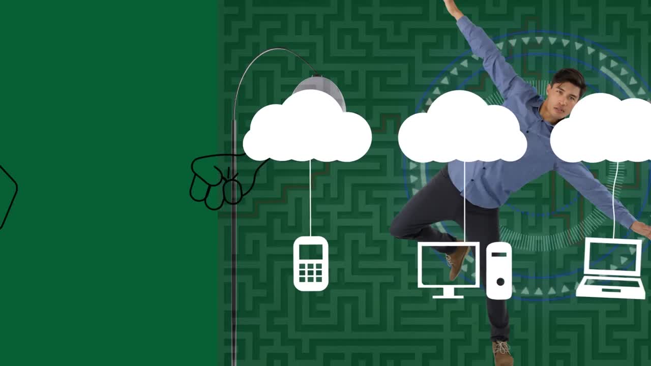 녹색 배경에 있는 아시아인과 미로 위의 아이콘의 애니메이션.