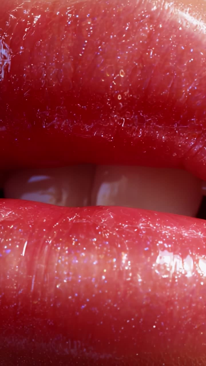 Primo piano di labbra lucide e brillanti che mostrano un colore rosso vivace e una texture liscia in immagini di bellezza e cosmetici