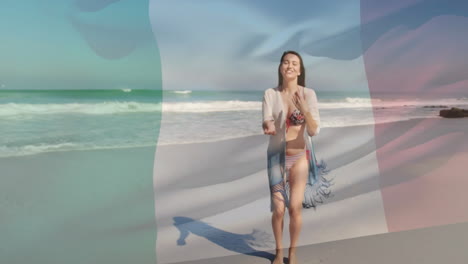 Animación-De-La-Bandera-De-Italia-Sobre-Una-Mujer-Caucásica-En-La-Playa.