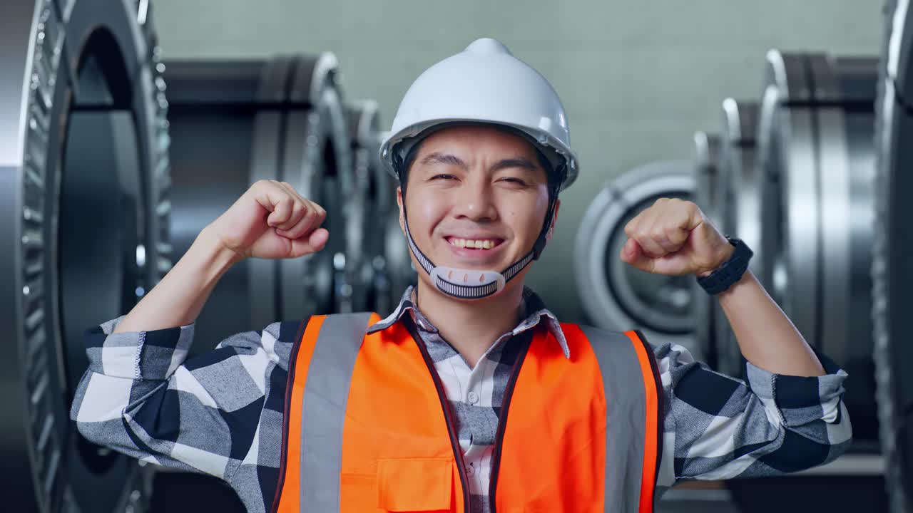 안전 헬을 착용한 아시아 남성 엔지니어가 금속 공장에서 서서 팔다리를 구부리고 카메라에 미소 짓고 있습니다.