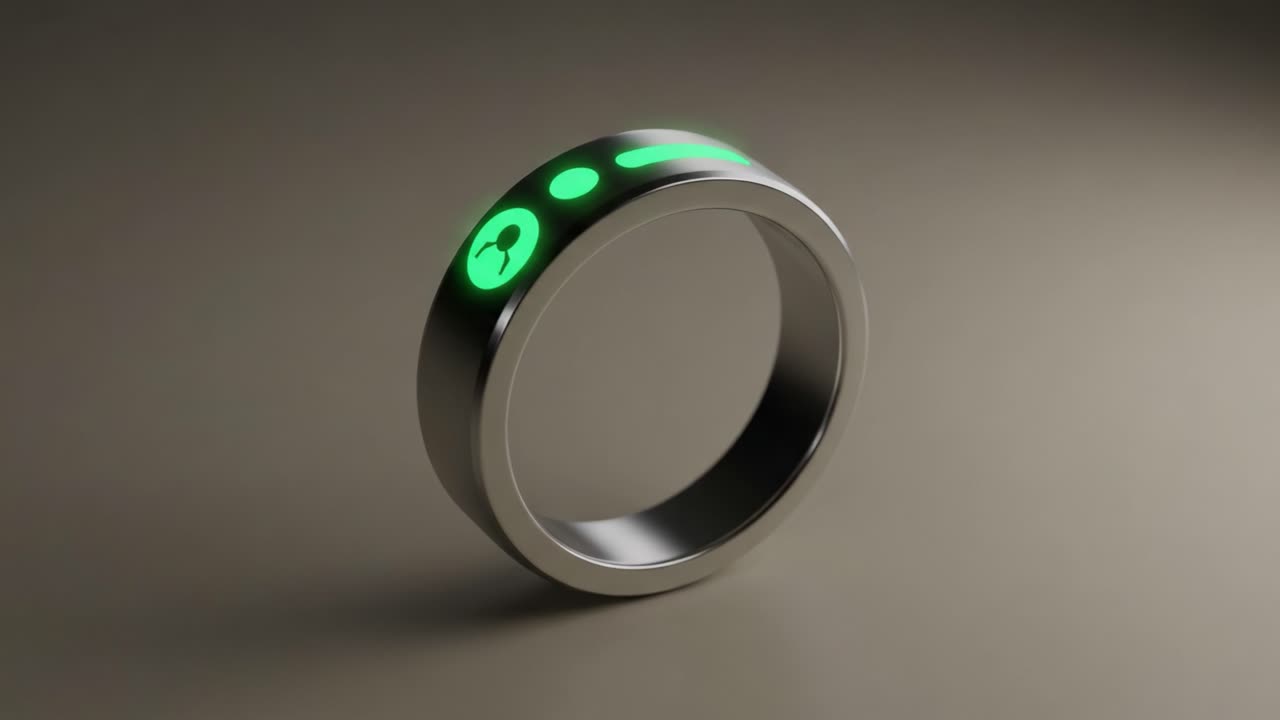 A Futuristic Green-Illuminated Ring Showcasing Unique Design and Modern Technology in Sleek Metal Finish with Intricate Patterns and Glowing Accents