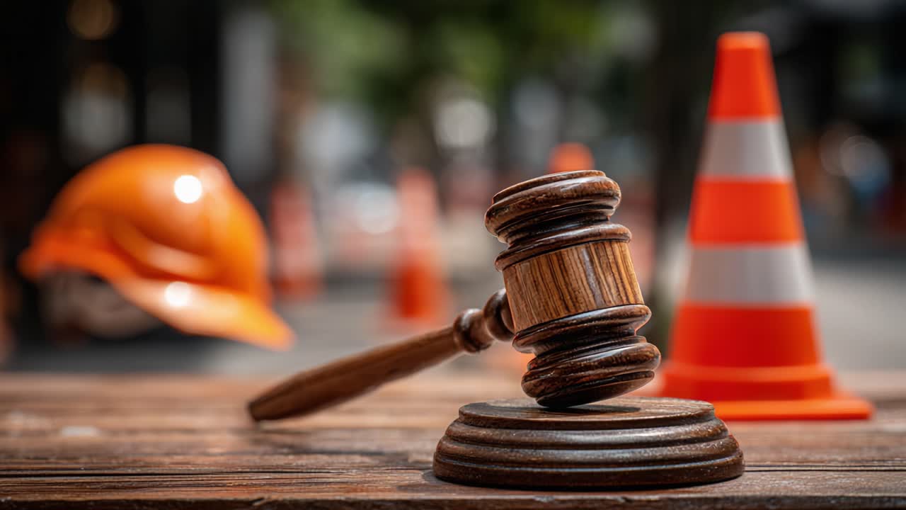 Processo Giudiziario: L'Intersezione tra Legge e Sicurezza nelle Costruzioni, con Martelletto, Elmetto di Sicurezza e Cono Stradale in un Dinamico Ambiente Urbano