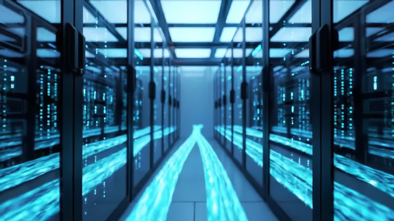 This glimpse into a modern data center reveals rows of illuminated server racks, showcasing advanced technology and data flow.