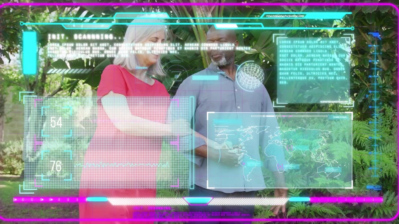 Woman touching man's arm, gesturing while AR HUD updating map, couple checking map moving right