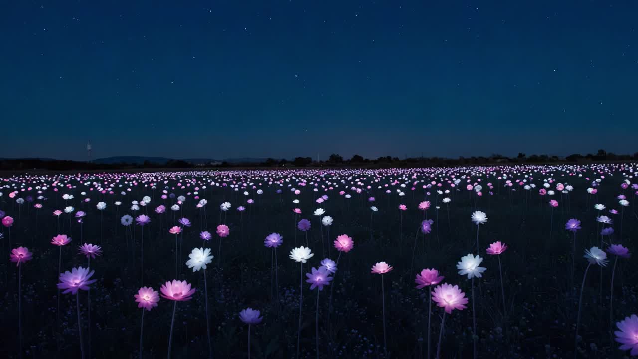 A Breathtaking Nighttime Scene of a Vibrant Field Filled with Illuminated Flowers Under the Starry Sky, Capturing the Serenity and Beauty of Nature's Nighttime Splendor