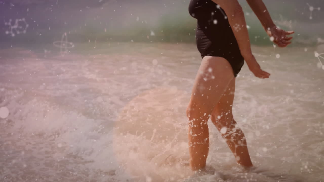 Running through shallow water, person with animation of light and network overlay