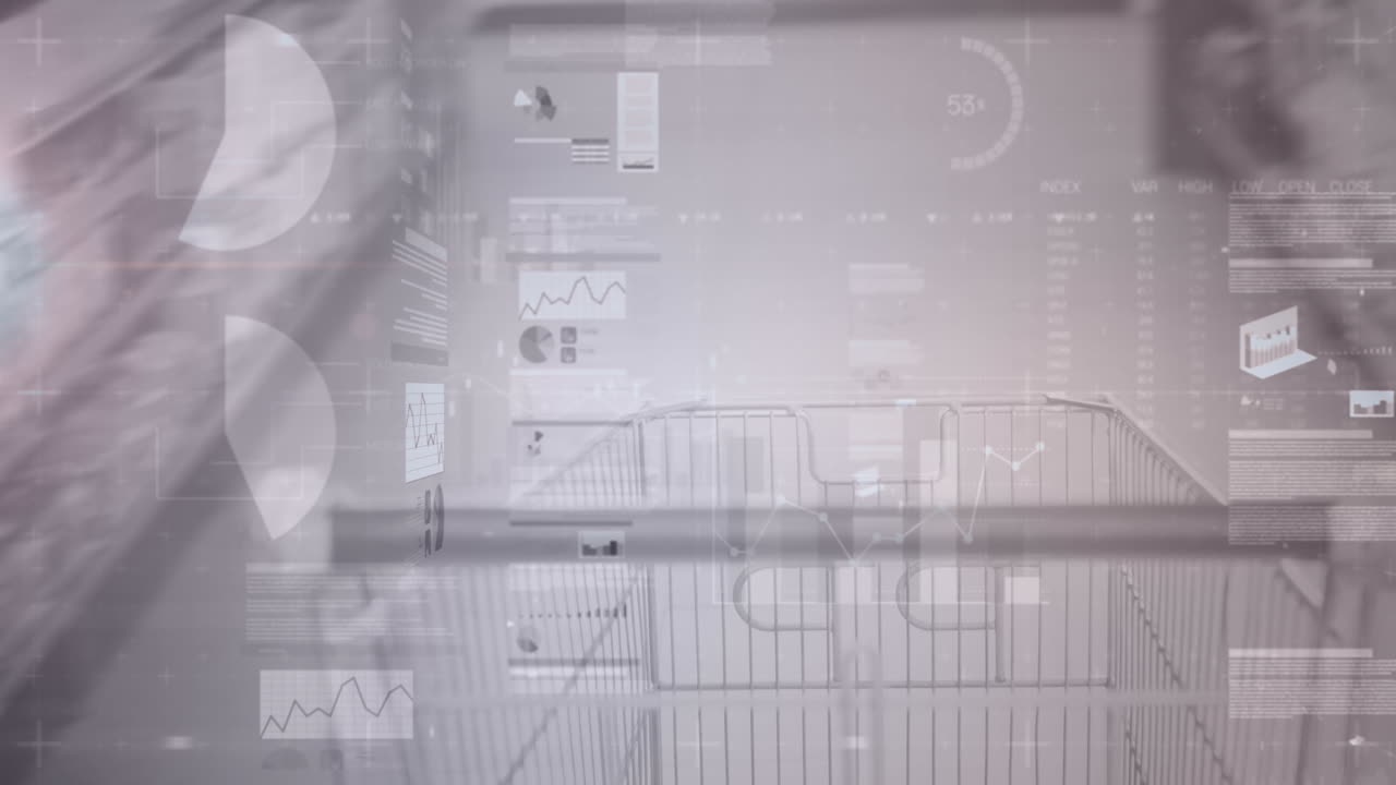 animación digital de procesamiento de datos estadísticos contra contra carrito de compras en tienda de comestibles