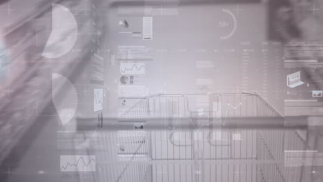 digital animation of statistical data processing against against shopping trolley in grocery store