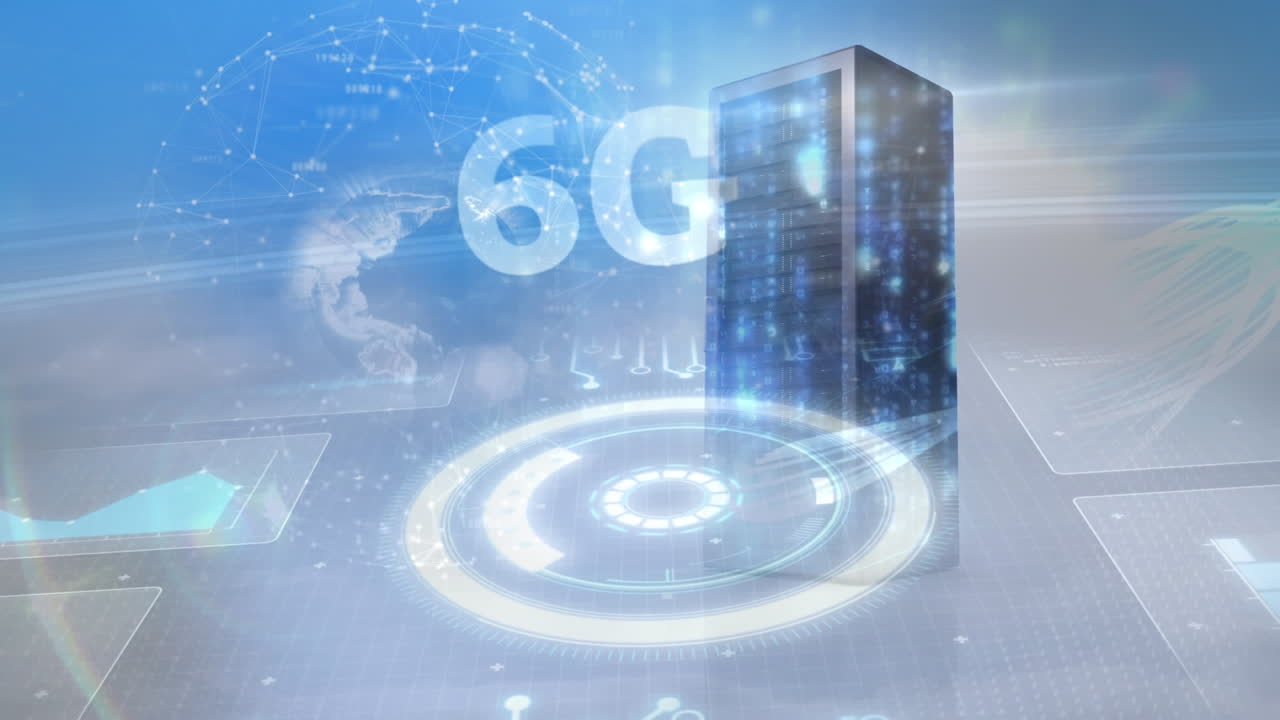 animación de texto 6g con interfaz, servidor, globo y red de conexiones sobre fondo de cielo azul