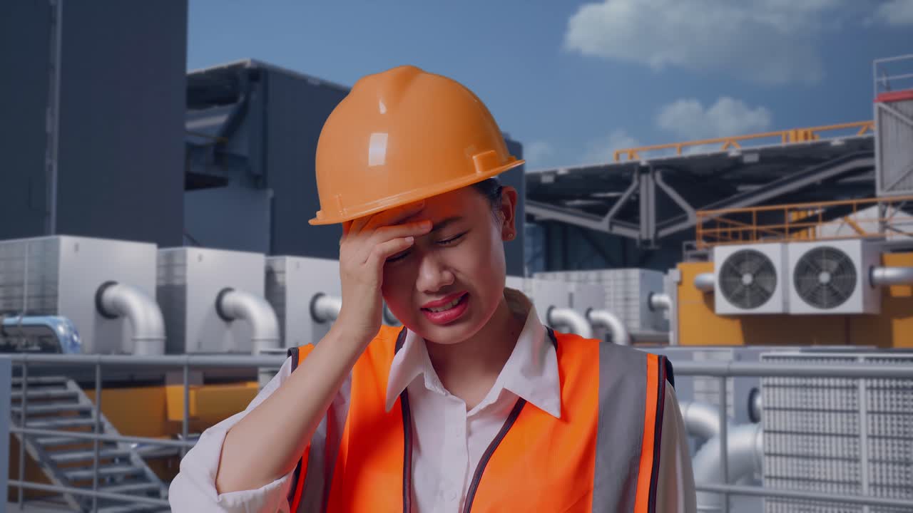 Nærbillede af en asiatisk kvindelig ingeniør med sikkerhedshjelm, der har hovedpine, mens hun arbejder med inspektion af HVAC på et tag.