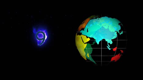 Digitale-Animation-Eines-Symbols-Mit-Neun-Zahlen-In-Flammen-Und-Eines-Globussymbols,-Das-Sich-Vor-Schwarzem-Hintergrund-Dreht