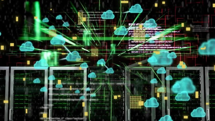 Animation of connections and data processing with with cloud icons over computer servers