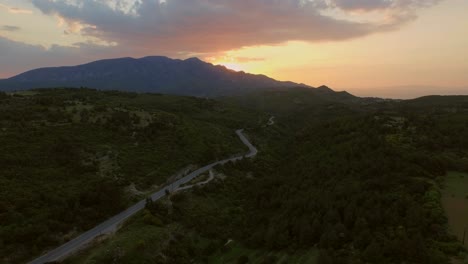 aerial: sunset in the mountains of the greek island samos