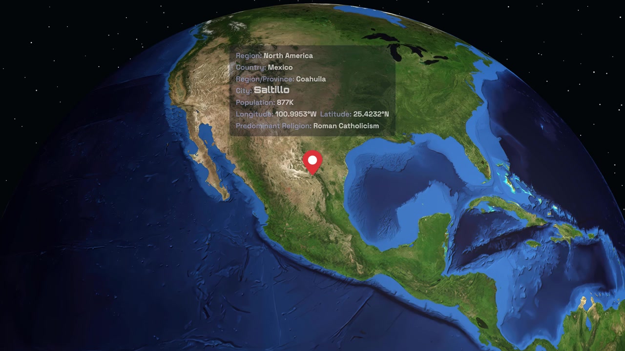 Terra digital gira e aproxima-se da América do Norte, destacando Saltillo México com texto informativo.