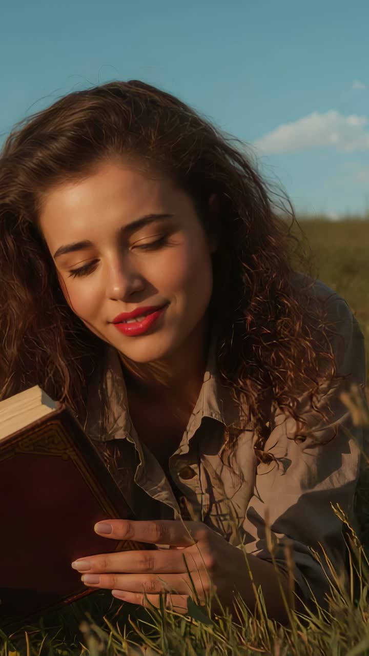 Vertical video: Opening hardcover book, woman wearing khaki jacket reading in meadow for leisure