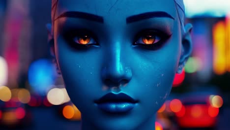 close-up portrait of a woman with blue skin and glowing eyes in a city at night