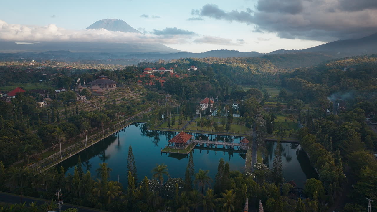Beautiful picturesque sunrise, Ujung Water Palace, Bali Indonesia, aerial