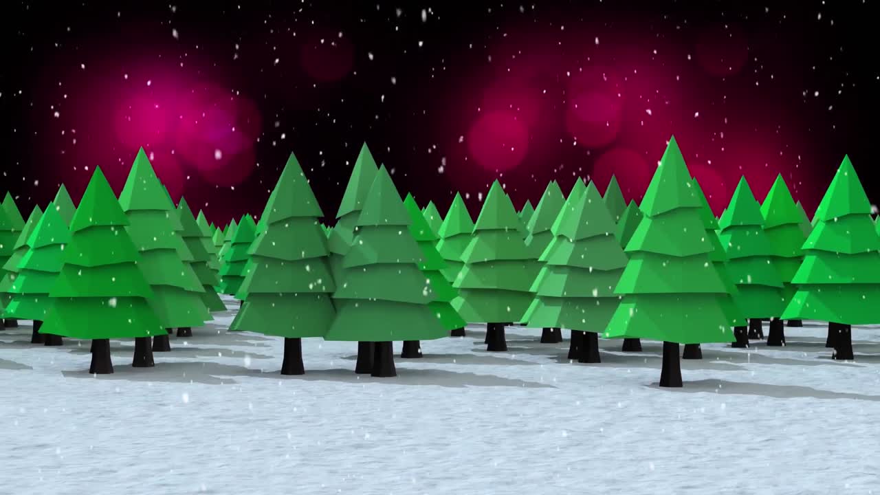 Digital animation of snow falling over rows of christmas trees on winter landscape against purple sp
