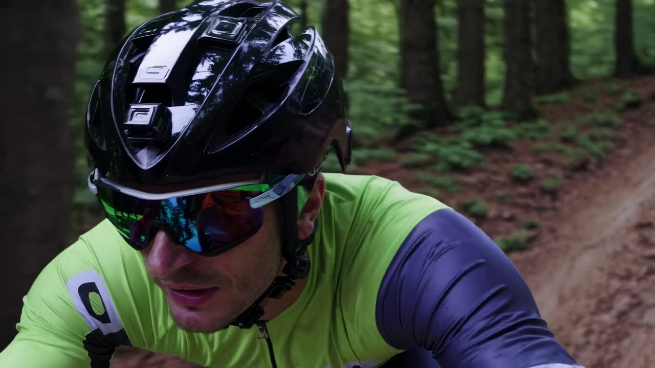 Dynamic close-up angle of a cyclist in motion, wearing a helmet and sunglasses
