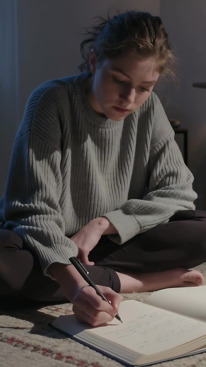 Video verticale: Donna con un top a costine che abbassa la penna, scrive un diario in un quaderno a casa con tappeto e lampada.