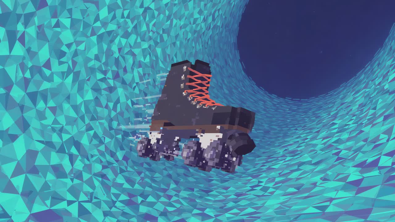 Rolling CG quad skate moving after first frame through teal tunnel toward void, leaving pixel trail