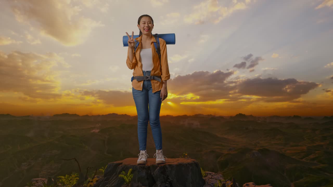 mujer en la cima de la montaña al atardecer