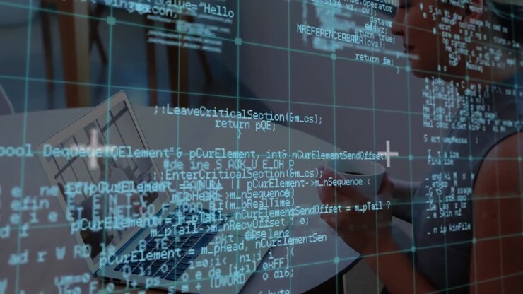 Animation of data processing over caucasian businesswoman having laptop video call with colleague