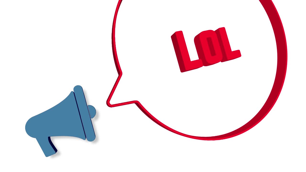 백색 배경에 3d 스타일의 음성 거품을 가진 메가폰. lol 텍스트. 라우드 스피커. 4k 비디오 모션 그래픽.