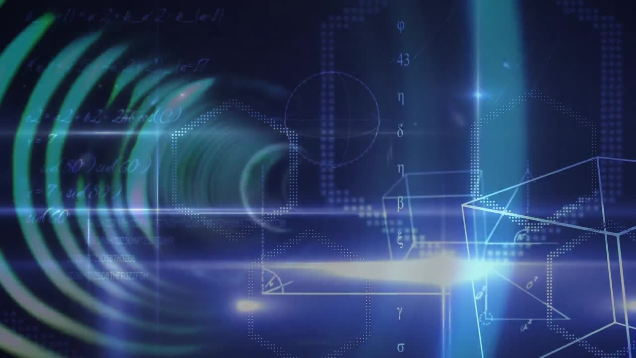 추상적인 배경에 수학적 방정식과 다이어그램 위에 루프 서클의 애니메이션