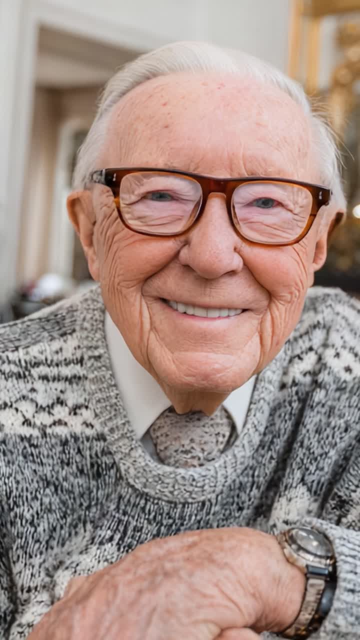 Un entrañable retrato de un anciano con un cómodo jersey y gafas, que captura la esencia de la sabiduría y la alegría en su sonrisa.