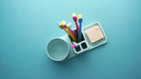 colorful toothbrushes and soap in a mint green holder