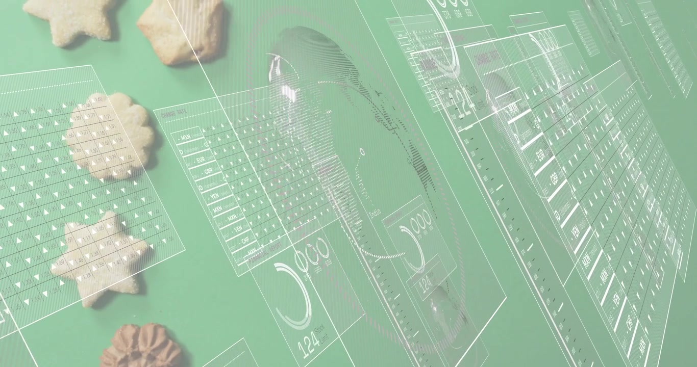 緑の背景に様々なクッキーが重ねられたデジタル金融データ