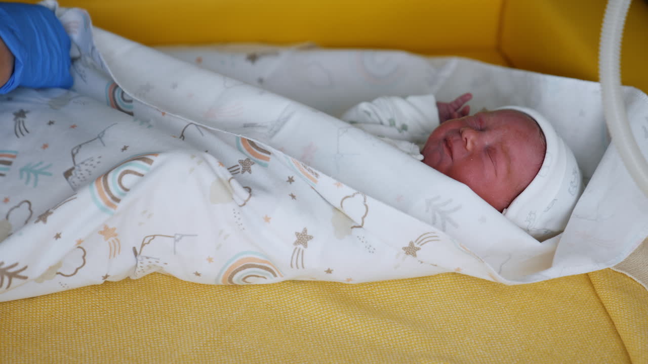 Tiny newborn wearing white cap and bodysuit. Medic in gloved hands covering the child in a wrap. Close up.