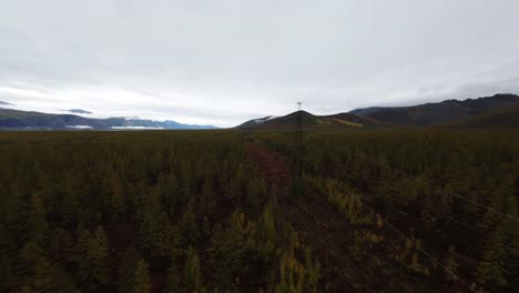 a drone captures the breathtaking expanse of yakutia, showcasing electric transmission lines weaving through untouched forests and mountain landscapes