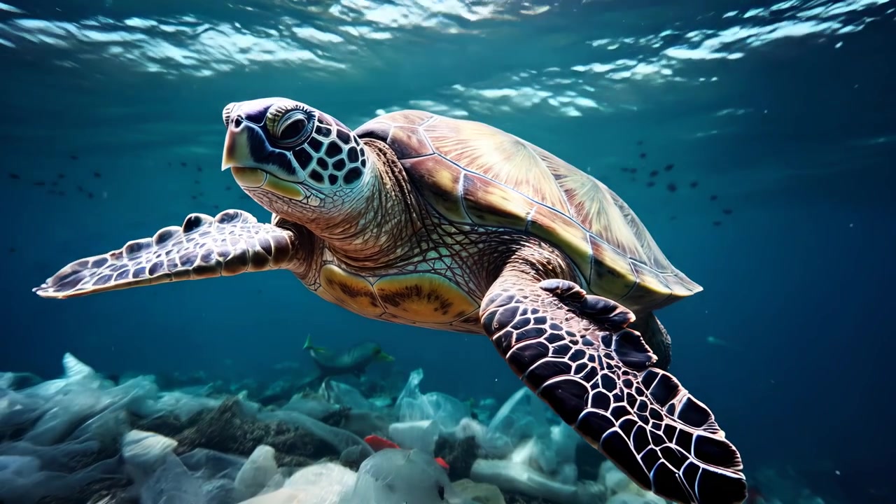 Sea Turtle Swimming Through Ocean Plastic Pollution