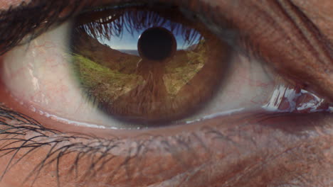 close up eye opening beautiful brown iris with reflection