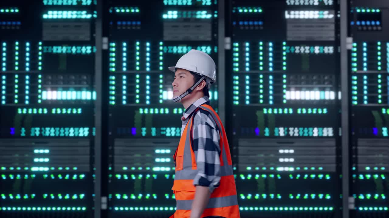 Side View of Asian Male Engineer Walking in Server Room Data Center