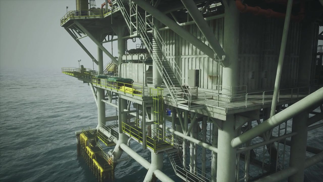Maritim industriscene: roligt hav med industristål og læseudstyr