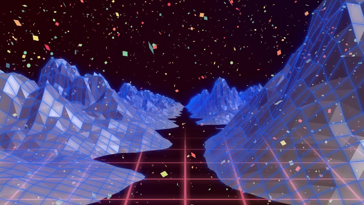 Animation of retro futuristic grid mountains with colorful confetti in sky